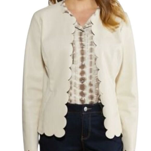 Cream Faux Leather Jacket Chic Cream Scalloped Open Blazer Soft Girl Coquette - Picture 1 of 14
